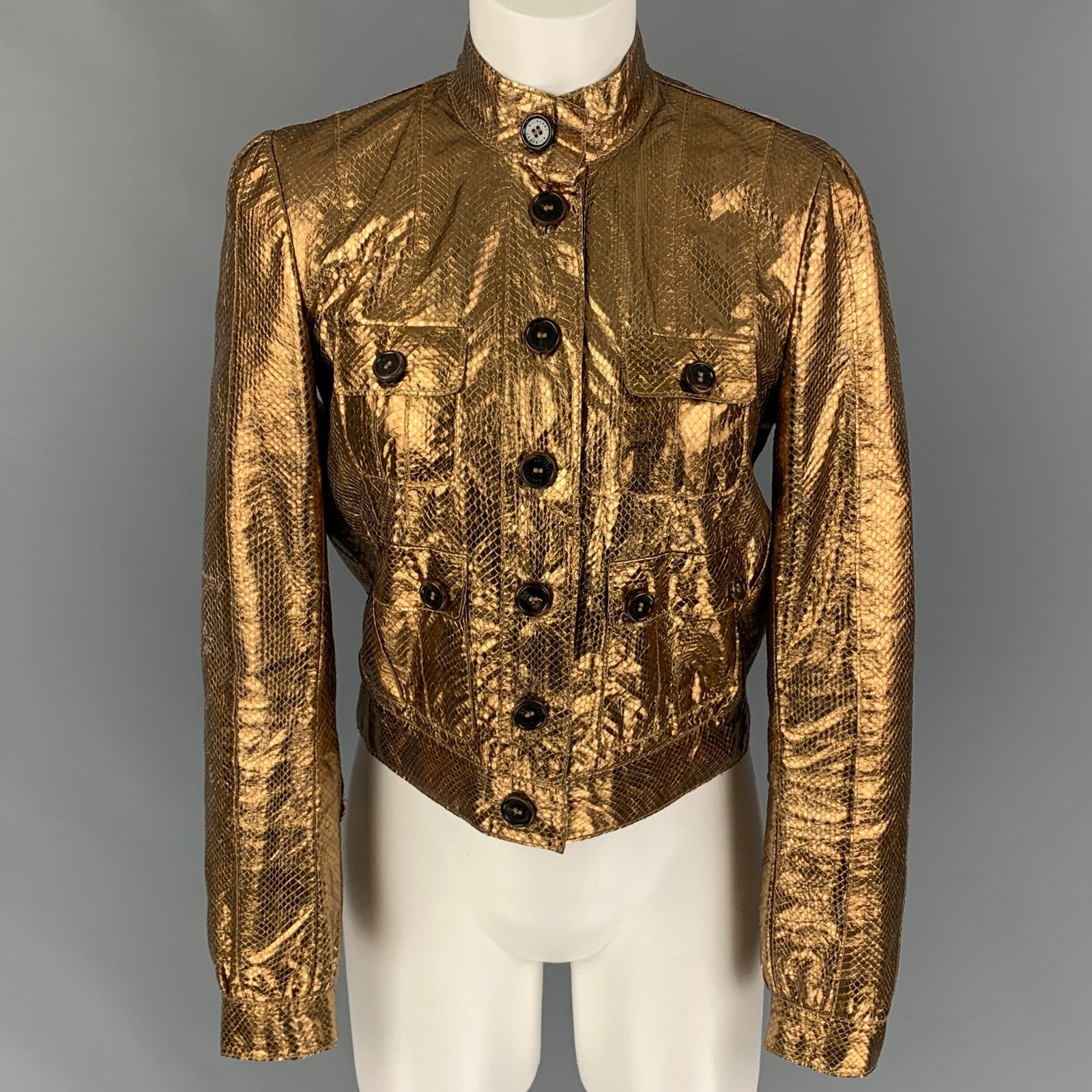 Mulberry Size 6 Gold Leather Metallic Snake Skin Buttoned Jacket